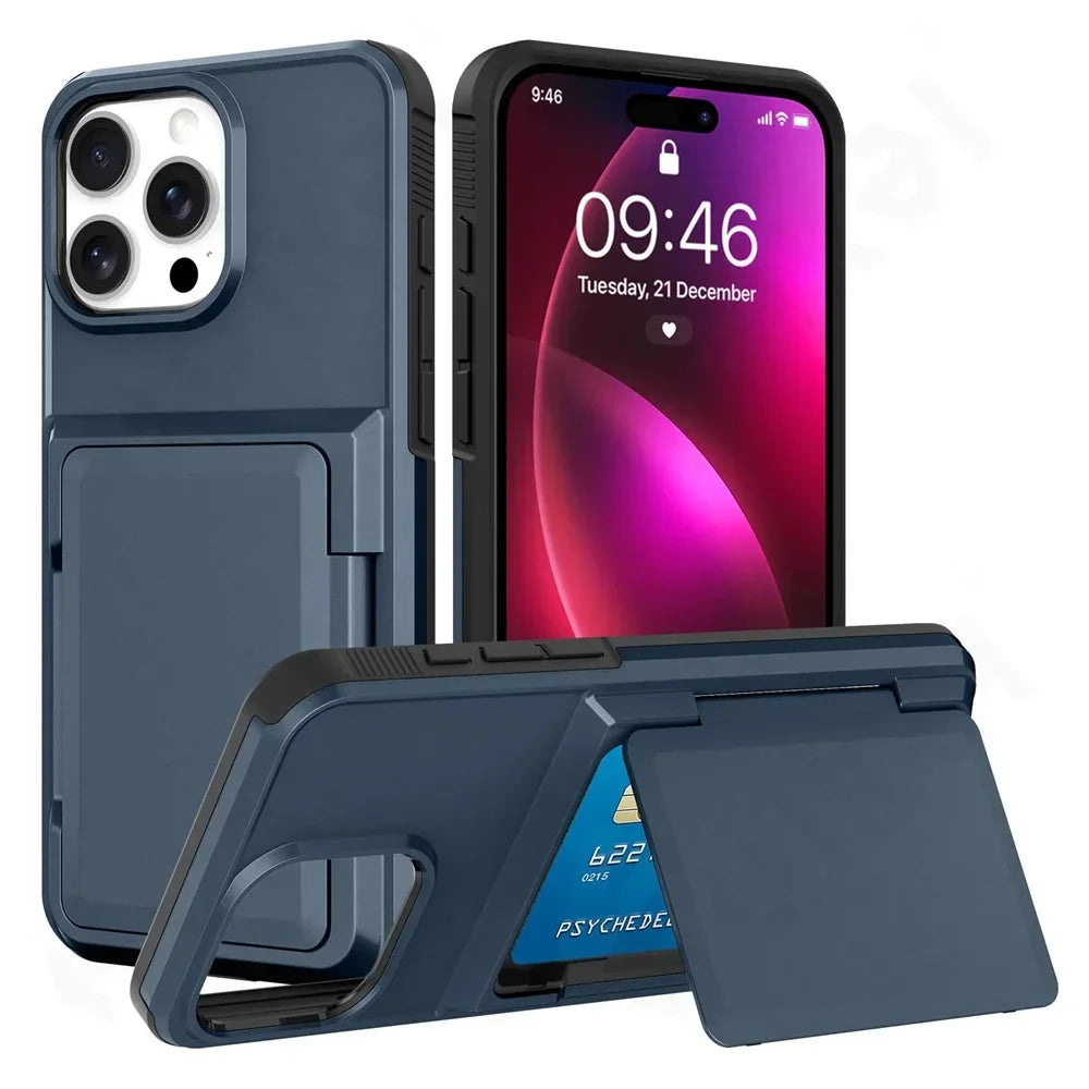 Iron Armor Hülle für iPhone A17 16 15 14 Pro Max Plus mit Karten Slot